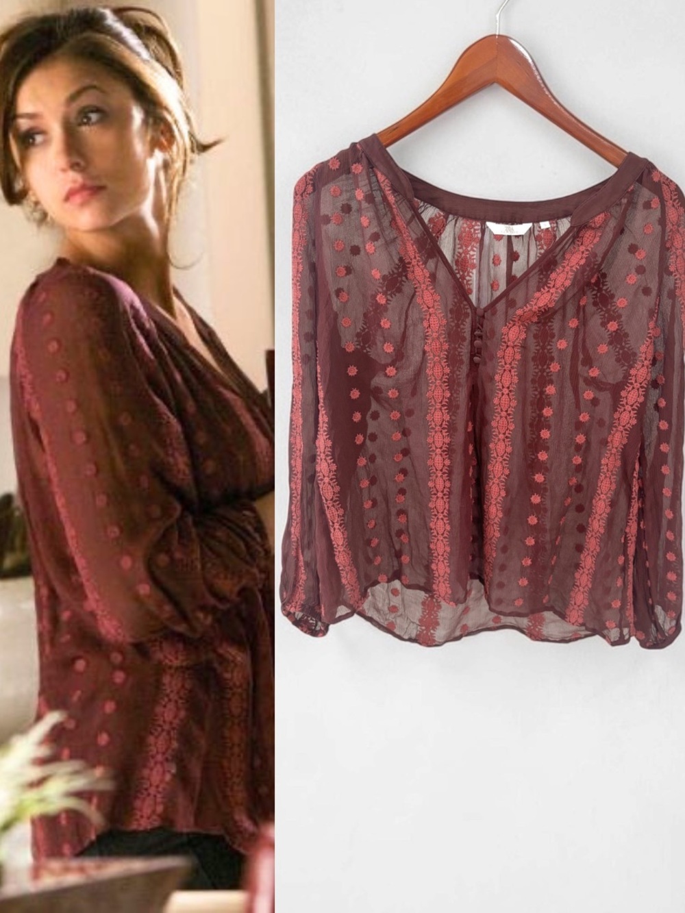 ASO Elena Gilbert The Vampire Diaries Sheer Silk Blouse Floral Embroidery Size S